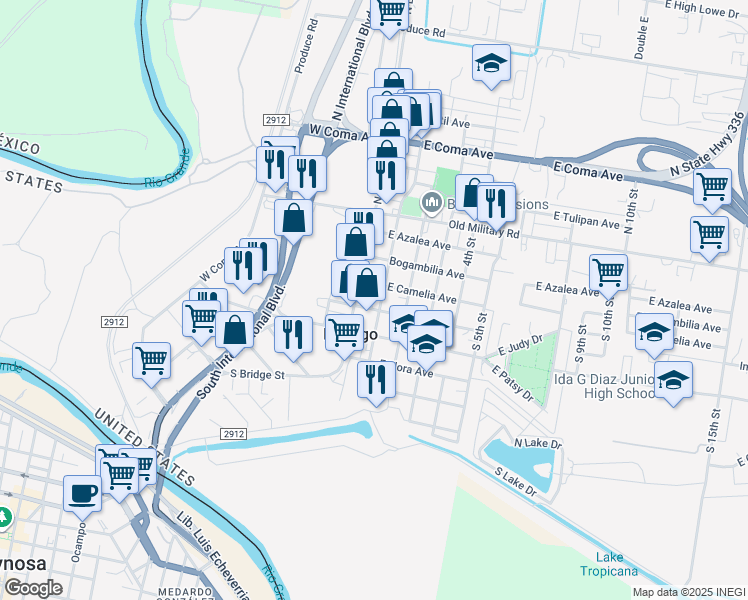 map of restaurants, bars, coffee shops, grocery stores, and more near 416 South 1st Street in Hidalgo