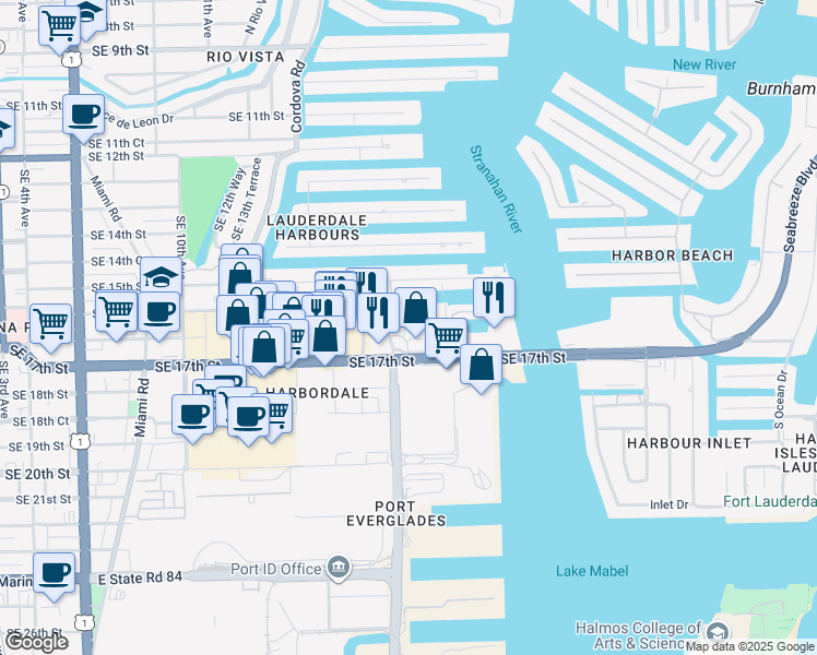 map of restaurants, bars, coffee shops, grocery stores, and more near 1701 Southeast 17th Street in Fort Lauderdale