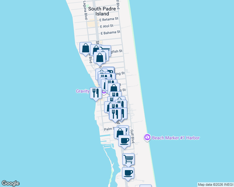 map of restaurants, bars, coffee shops, grocery stores, and more near 112 East Marlin Street in South Padre Island