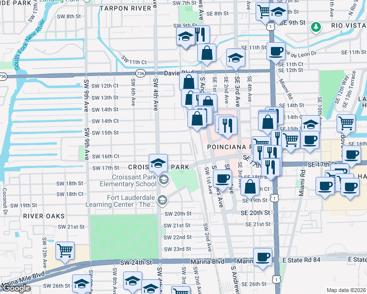map of restaurants, bars, coffee shops, grocery stores, and more near 1608 Southwest 3rd Avenue in Fort Lauderdale