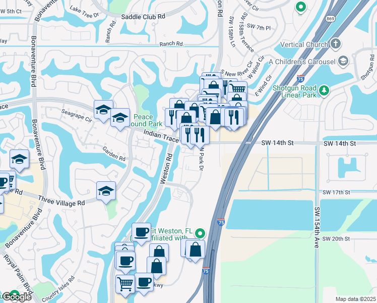 map of restaurants, bars, coffee shops, grocery stores, and more near 16200 Indian Trace in Weston
