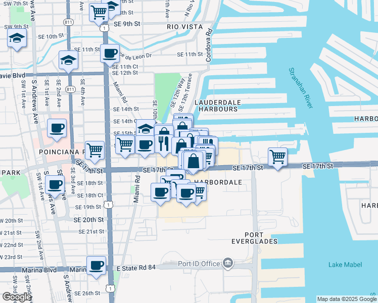 map of restaurants, bars, coffee shops, grocery stores, and more near 1375 Southeast 16th Street in Fort Lauderdale