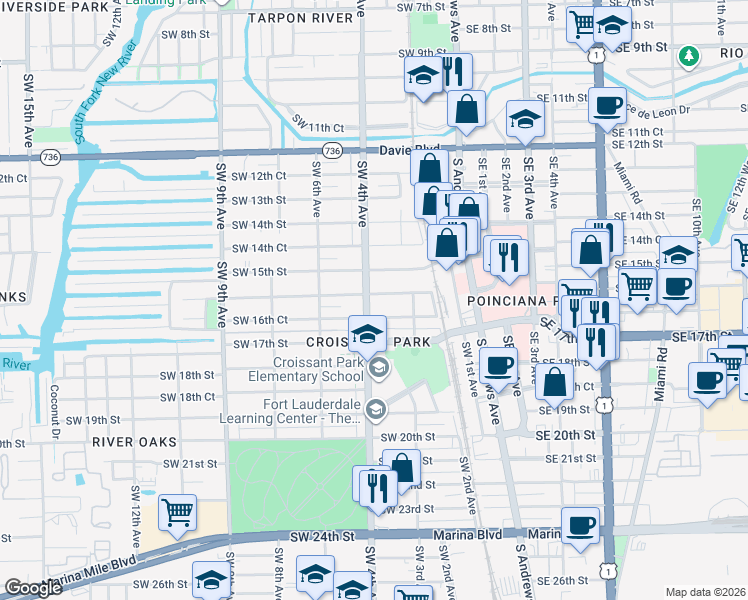 map of restaurants, bars, coffee shops, grocery stores, and more near 1612 Southwest 4th Avenue in Fort Lauderdale