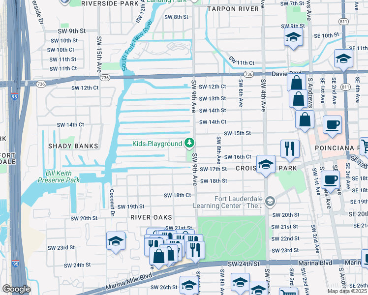 map of restaurants, bars, coffee shops, grocery stores, and more near 922 Southwest 16th Street in Fort Lauderdale
