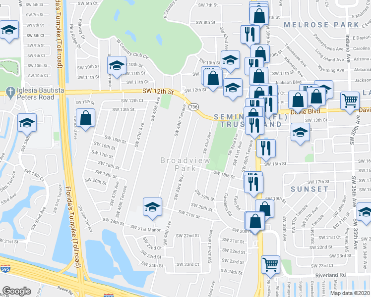 map of restaurants, bars, coffee shops, grocery stores, and more near 1633b Southwest 44th Avenue in Fort Lauderdale