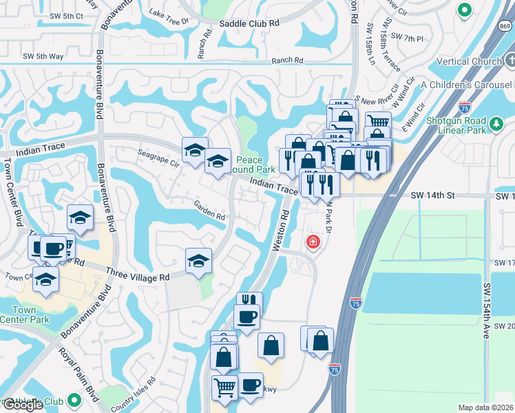 map of restaurants, bars, coffee shops, grocery stores, and more near 1477 Springside Drive in Weston