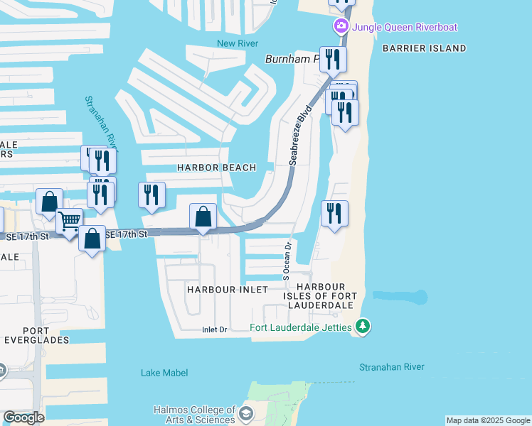 map of restaurants, bars, coffee shops, grocery stores, and more near 1625 Seabreeze Boulevard in Fort Lauderdale