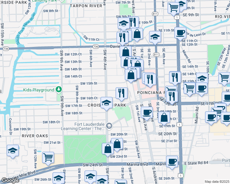 map of restaurants, bars, coffee shops, grocery stores, and more near 316 Southwest 16th Street in Fort Lauderdale
