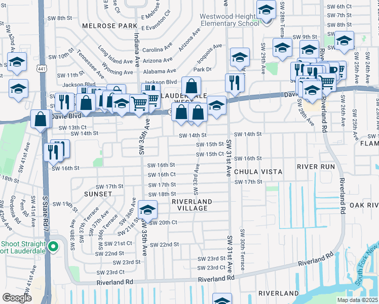 map of restaurants, bars, coffee shops, grocery stores, and more near 3302 Southwest 15th Court in Fort Lauderdale