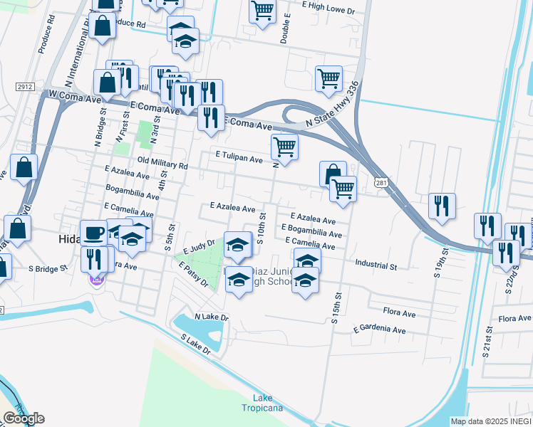 map of restaurants, bars, coffee shops, grocery stores, and more near 223 South 10th Street in Hidalgo