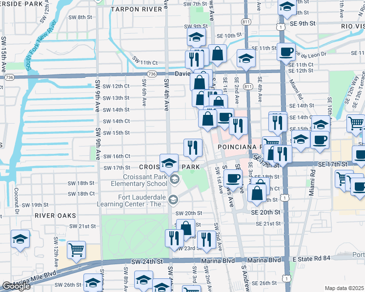 map of restaurants, bars, coffee shops, grocery stores, and more near 1612 Southwest 4th Avenue in Fort Lauderdale