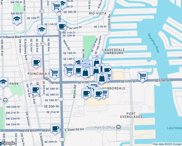 map of restaurants, bars, coffee shops, grocery stores, and more near 1625 Cordova Road in Fort Lauderdale