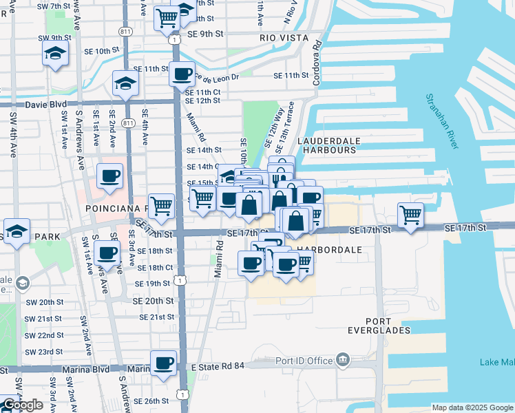 map of restaurants, bars, coffee shops, grocery stores, and more near 1625 Cordova Road in Fort Lauderdale