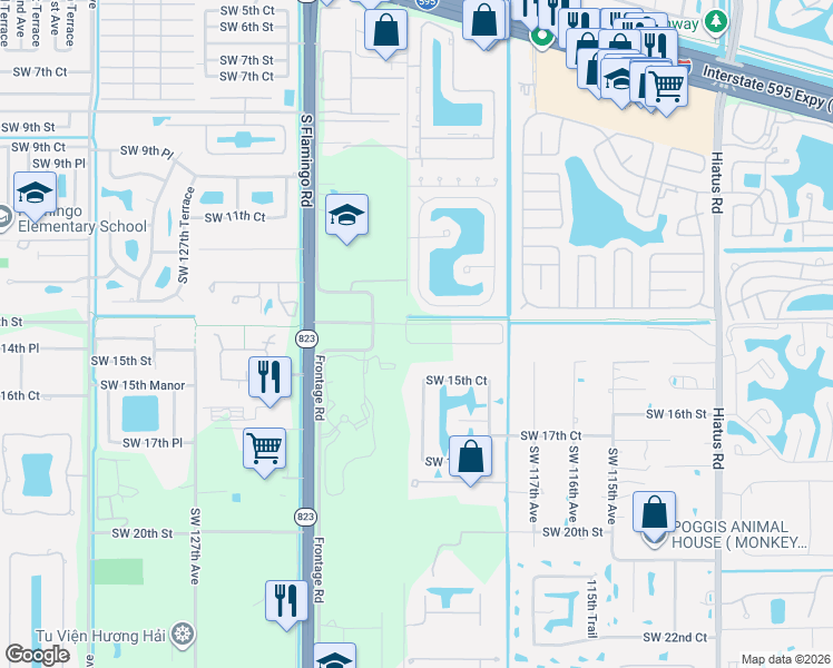 map of restaurants, bars, coffee shops, grocery stores, and more near 11984 Southwest 14th Place in Davie