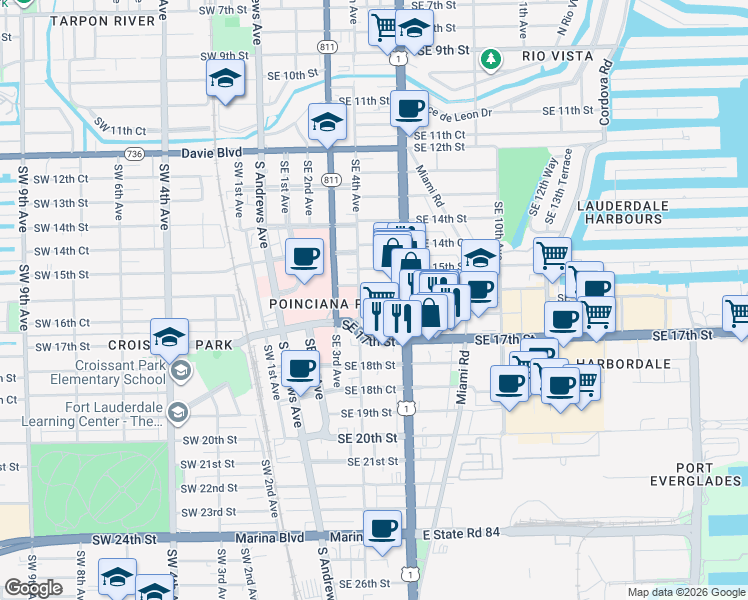 map of restaurants, bars, coffee shops, grocery stores, and more near 505-507 Northwest 16th Street in Fort Lauderdale