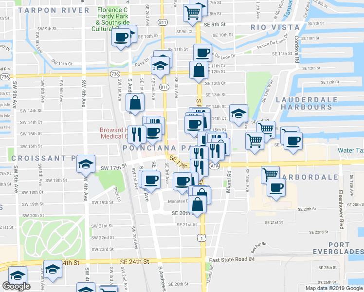 map of restaurants, bars, coffee shops, grocery stores, and more near 1619 South Andrews Avenue in Fort Lauderdale