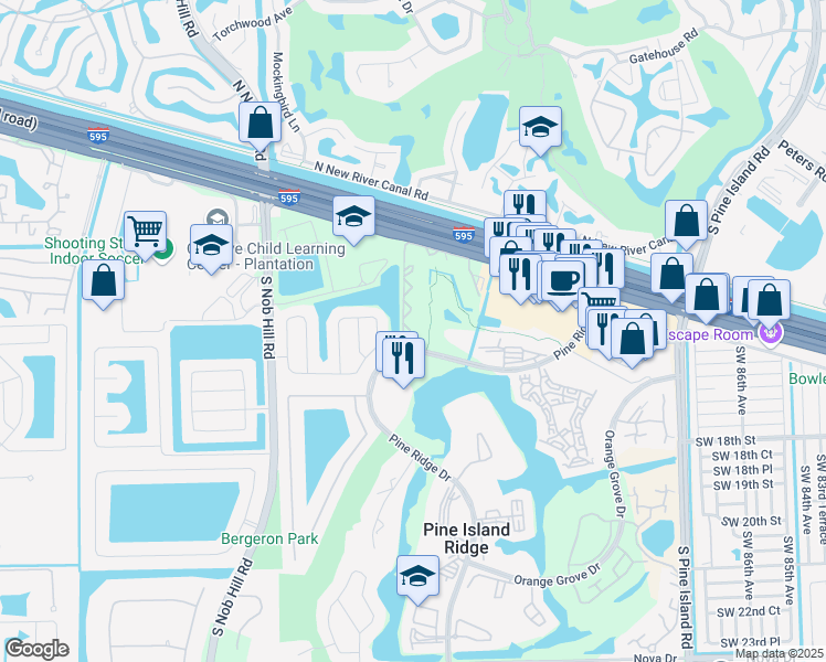 map of restaurants, bars, coffee shops, grocery stores, and more near 9401 Evergreen Place in Davie