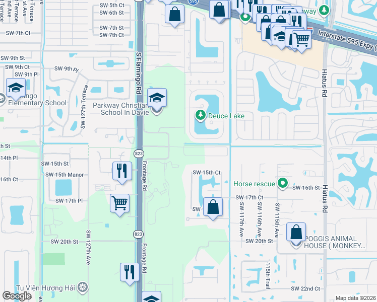 map of restaurants, bars, coffee shops, grocery stores, and more near 11984 Southwest 14th Place in Davie