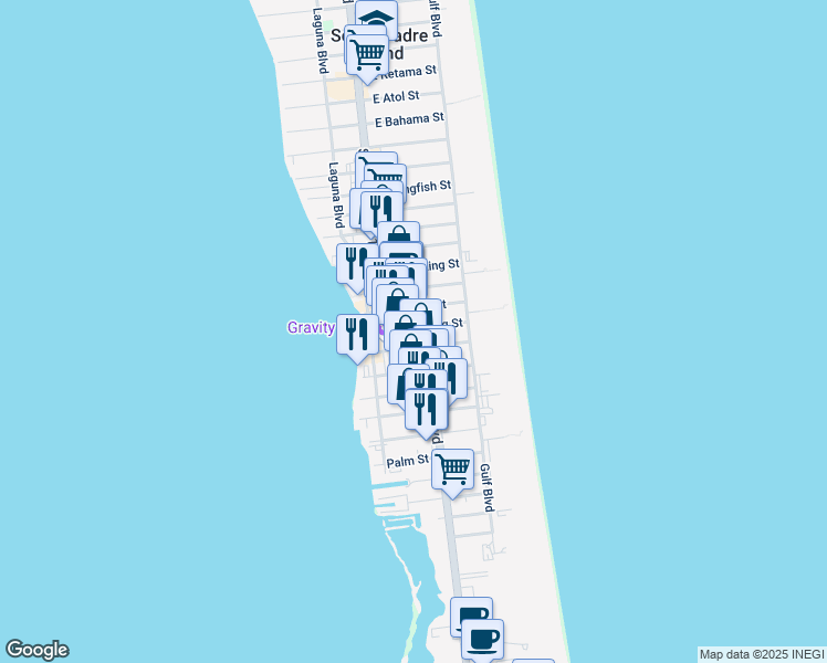 map of restaurants, bars, coffee shops, grocery stores, and more near 2300 State Park Road 100 in South Padre Island
