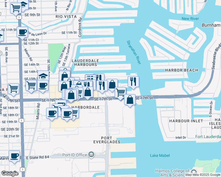 map of restaurants, bars, coffee shops, grocery stores, and more near 1721 Southeast 17th Street in Fort Lauderdale