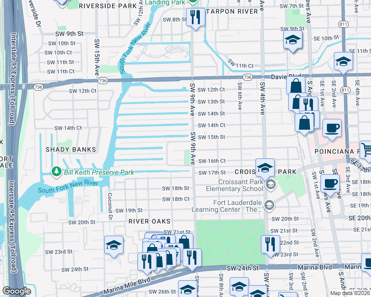 map of restaurants, bars, coffee shops, grocery stores, and more near 922 Southwest 16th Street in Fort Lauderdale