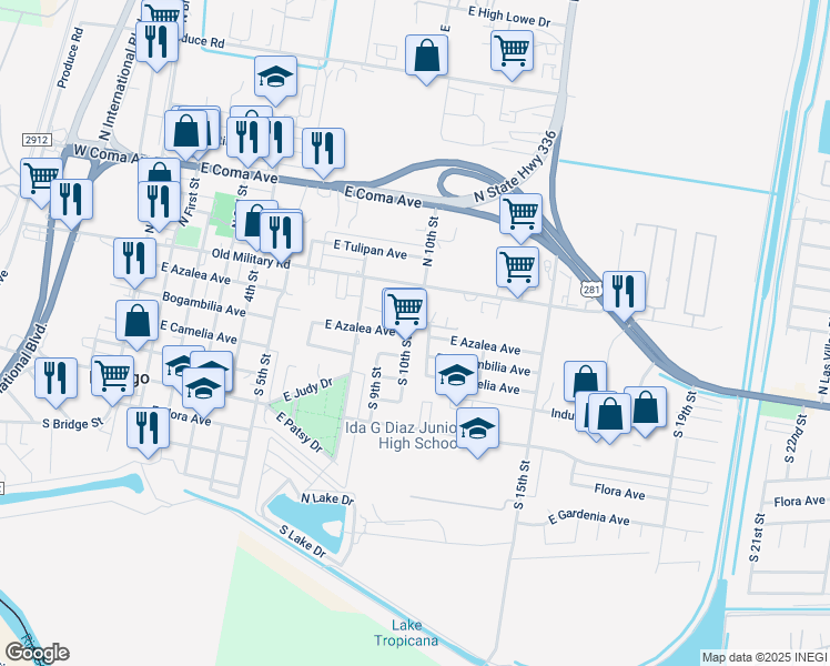 map of restaurants, bars, coffee shops, grocery stores, and more near 223 South 10th Street in Hidalgo