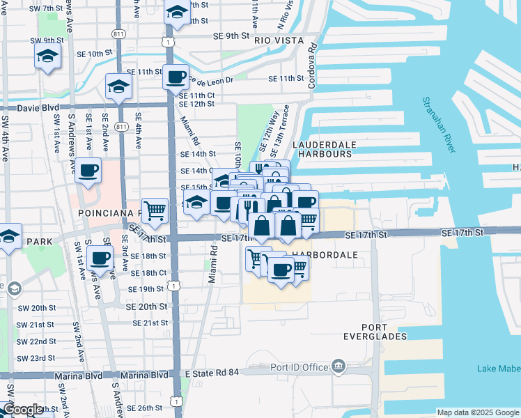 map of restaurants, bars, coffee shops, grocery stores, and more near 1625 Cordova Road in Fort Lauderdale
