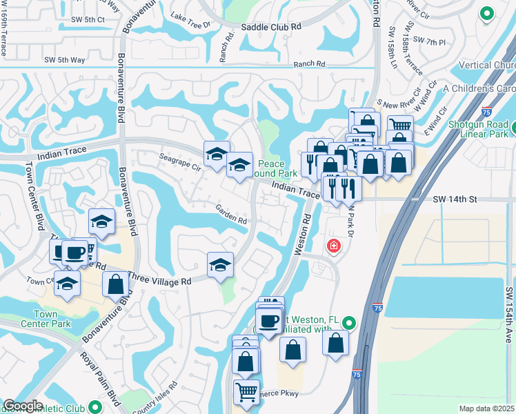 map of restaurants, bars, coffee shops, grocery stores, and more near 1595 Springside Drive in Weston