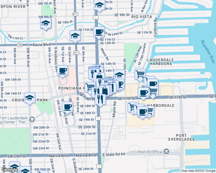 map of restaurants, bars, coffee shops, grocery stores, and more near 721 Southeast 16th Court in Fort Lauderdale