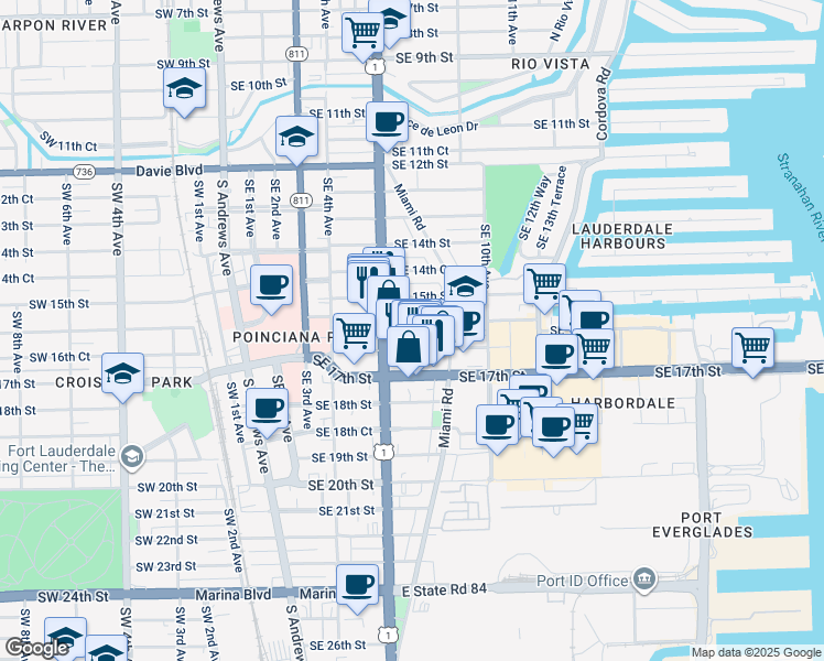 map of restaurants, bars, coffee shops, grocery stores, and more near 721 Southeast 16th Court in Fort Lauderdale