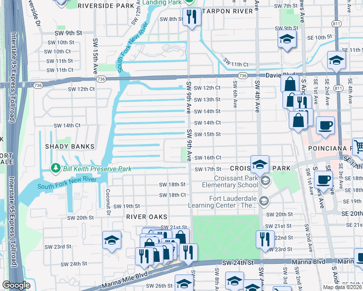 map of restaurants, bars, coffee shops, grocery stores, and more near 922 Southwest 16th Street in Fort Lauderdale