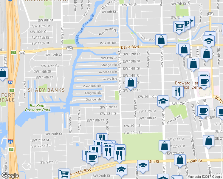 map of restaurants, bars, coffee shops, grocery stores, and more near 922 Southwest 16th Street in Fort Lauderdale