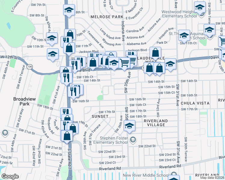 map of restaurants, bars, coffee shops, grocery stores, and more near 3537 Southwest 15th Court in Fort Lauderdale