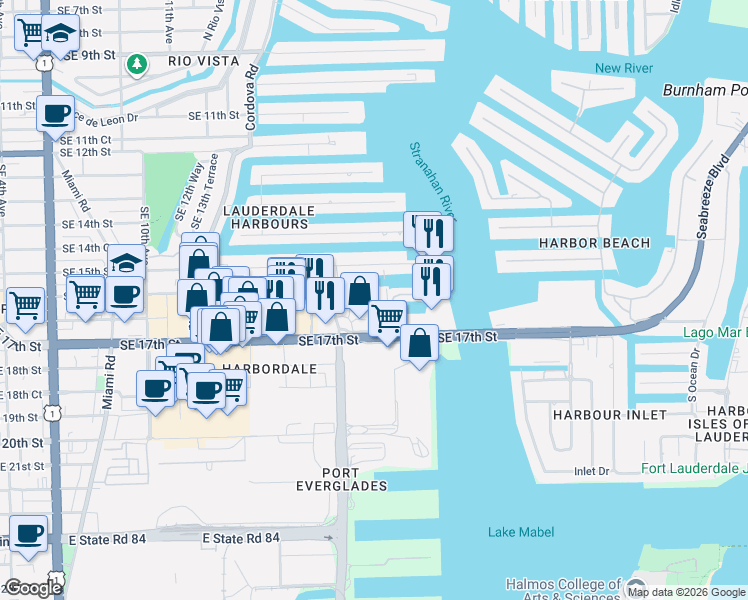 map of restaurants, bars, coffee shops, grocery stores, and more near 1819 Southeast 17th Street in Fort Lauderdale
