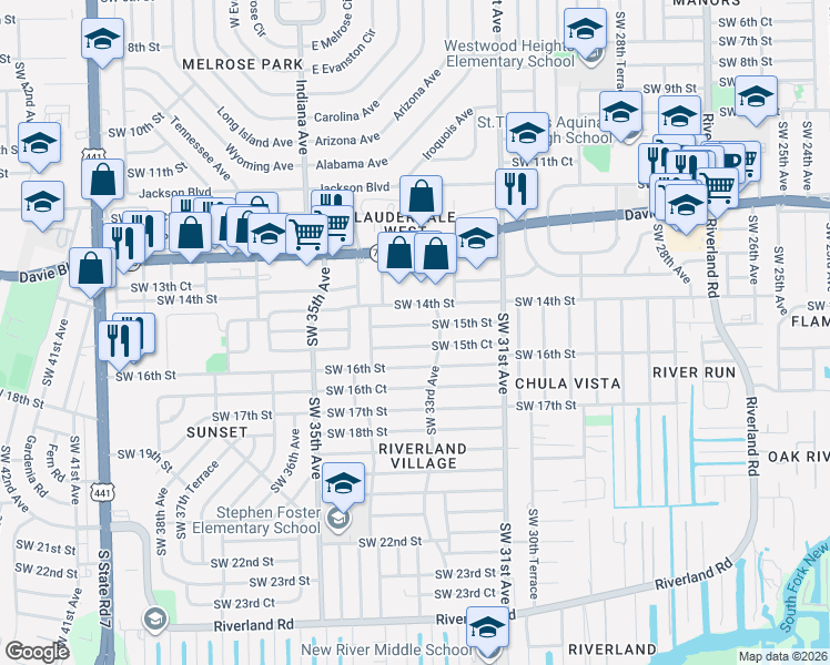 map of restaurants, bars, coffee shops, grocery stores, and more near 3302 Southwest 15th Court in Fort Lauderdale