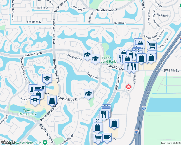 map of restaurants, bars, coffee shops, grocery stores, and more near 1511 Garden Road in Weston