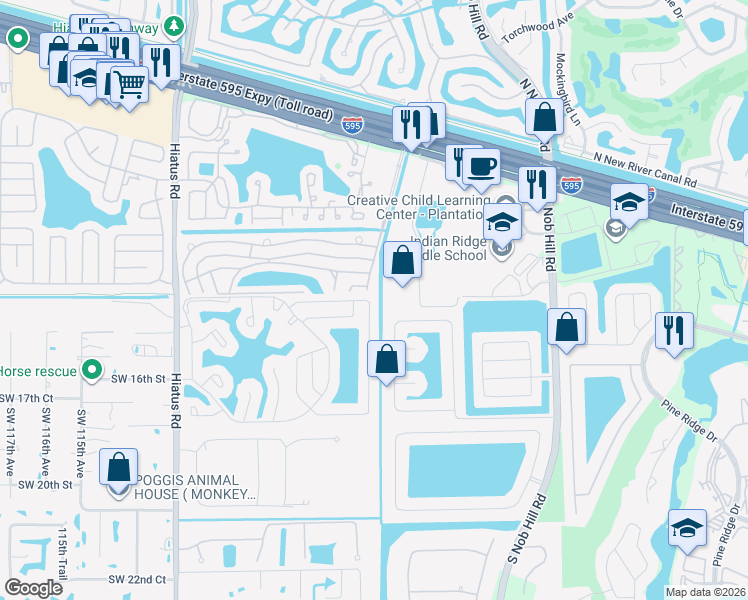 map of restaurants, bars, coffee shops, grocery stores, and more near 1611 Southwest 105th Lane in Davie