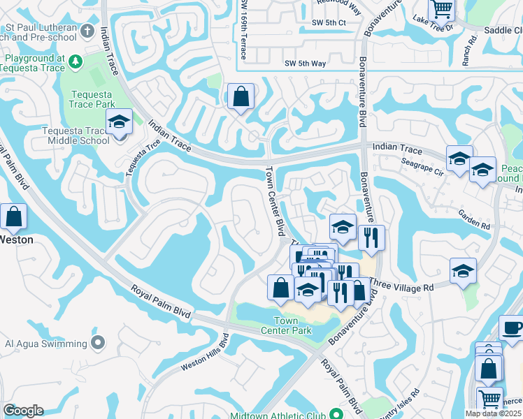 map of restaurants, bars, coffee shops, grocery stores, and more near 1288 Camellia Circle in Weston