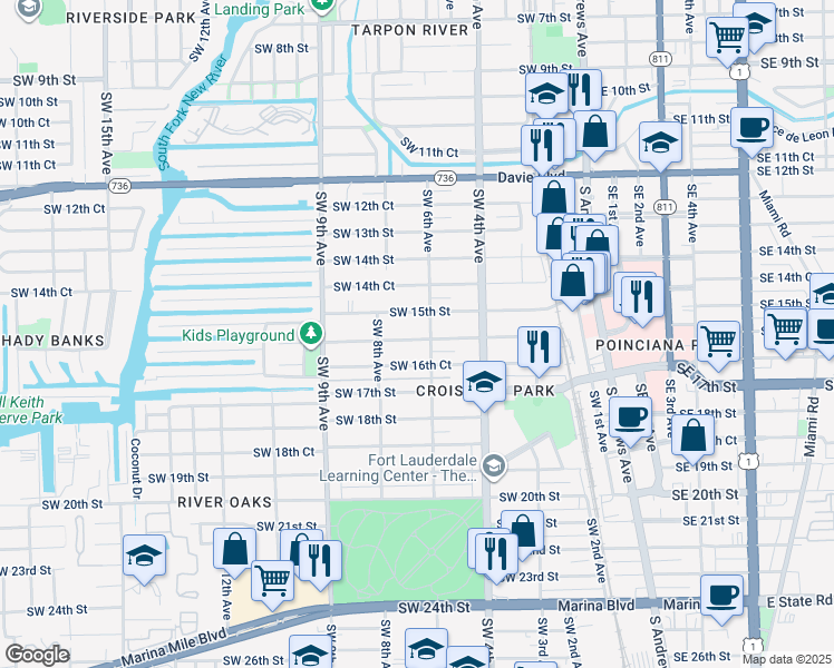 map of restaurants, bars, coffee shops, grocery stores, and more near 611 Southwest 16th Street in Fort Lauderdale