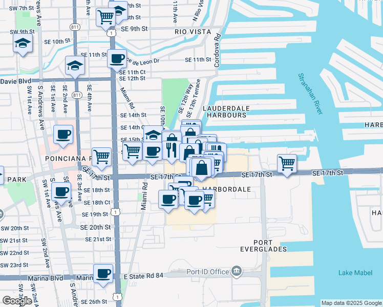 map of restaurants, bars, coffee shops, grocery stores, and more near 1375 Southeast 16th Street in Fort Lauderdale