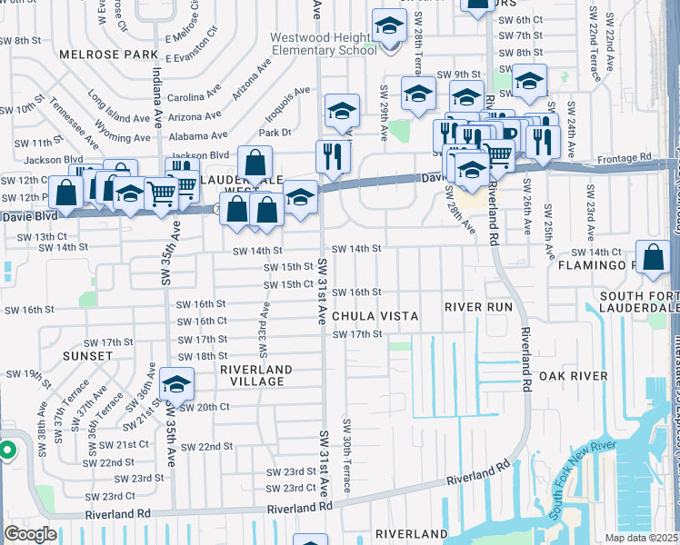 map of restaurants, bars, coffee shops, grocery stores, and more near 1590 Southwest 31st Avenue in Fort Lauderdale