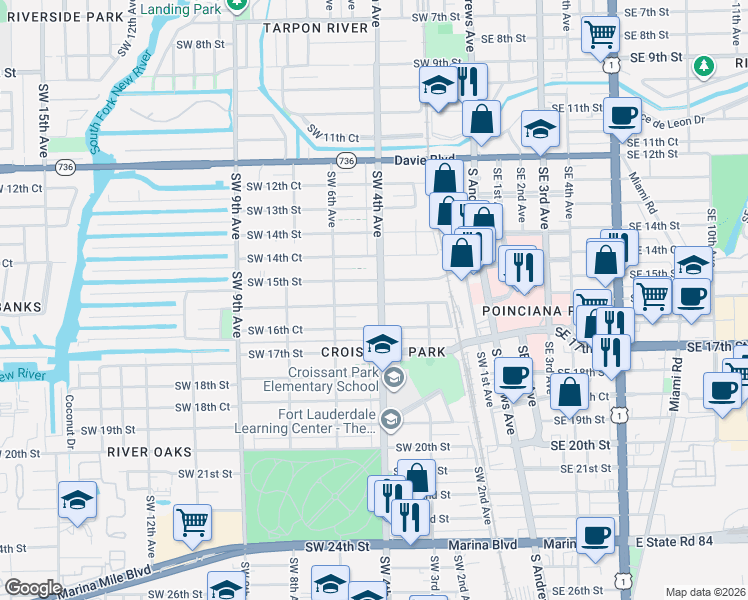 map of restaurants, bars, coffee shops, grocery stores, and more near 1521 Southwest 4th Avenue in Fort Lauderdale