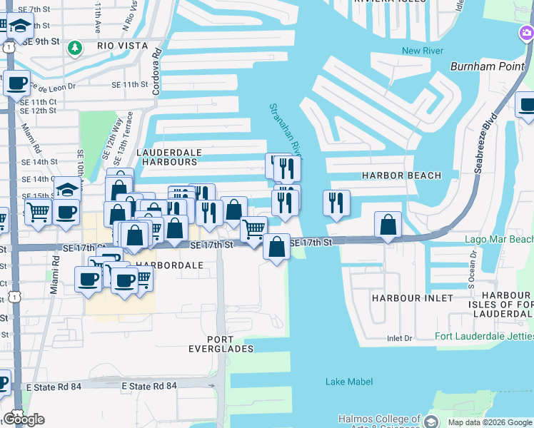 map of restaurants, bars, coffee shops, grocery stores, and more near 8 Portside Drive in Fort Lauderdale
