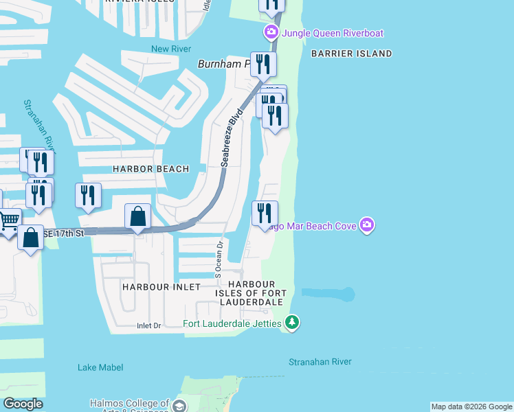 map of restaurants, bars, coffee shops, grocery stores, and more near 1696 South Ocean Lane in Fort Lauderdale