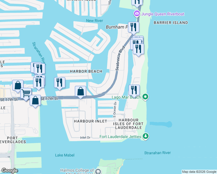 map of restaurants, bars, coffee shops, grocery stores, and more near 1625 Seabreeze Boulevard in Fort Lauderdale
