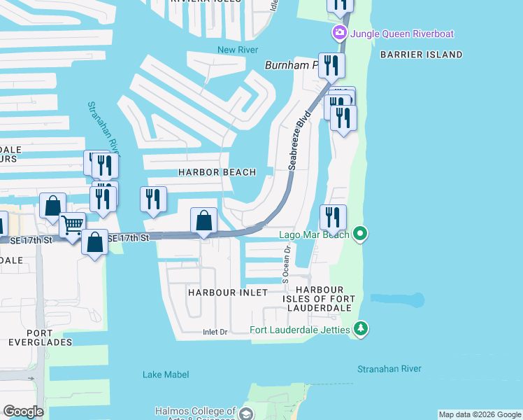map of restaurants, bars, coffee shops, grocery stores, and more near 1625 Seabreeze Boulevard in Fort Lauderdale