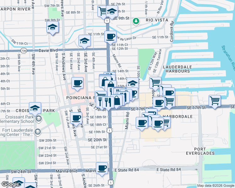 map of restaurants, bars, coffee shops, grocery stores, and more near 721 Southeast 16th Court in Fort Lauderdale