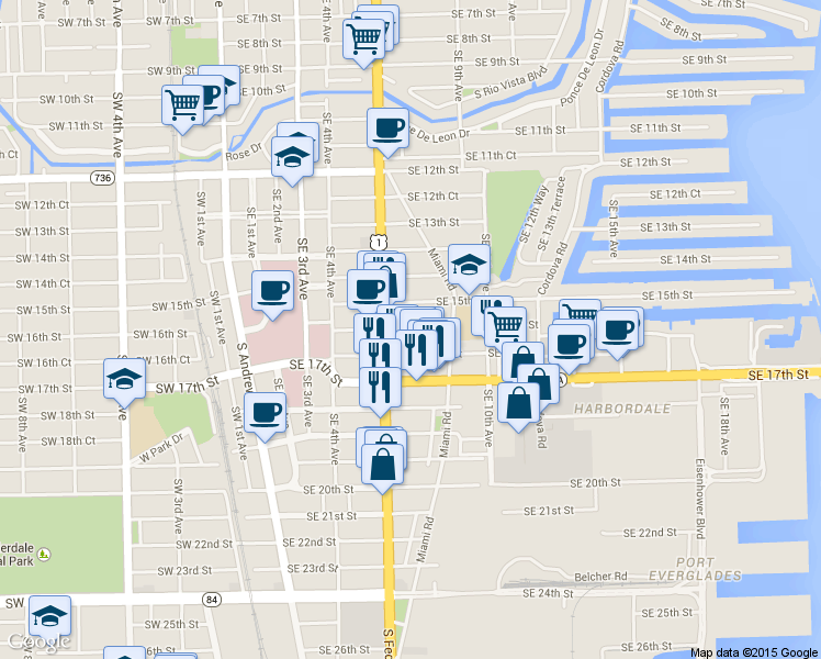 map of restaurants, bars, coffee shops, grocery stores, and more near 721 Southeast 16th Court in Fort Lauderdale