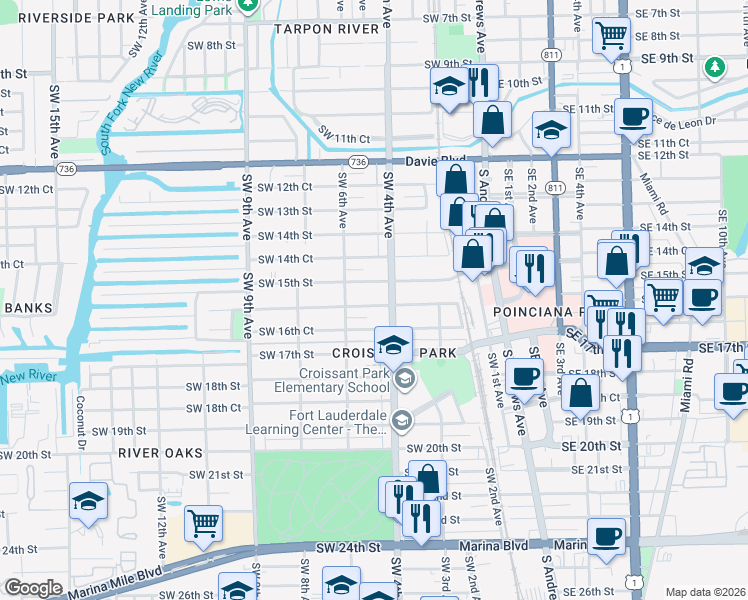 map of restaurants, bars, coffee shops, grocery stores, and more near 420 Southwest 16th Street in Fort Lauderdale