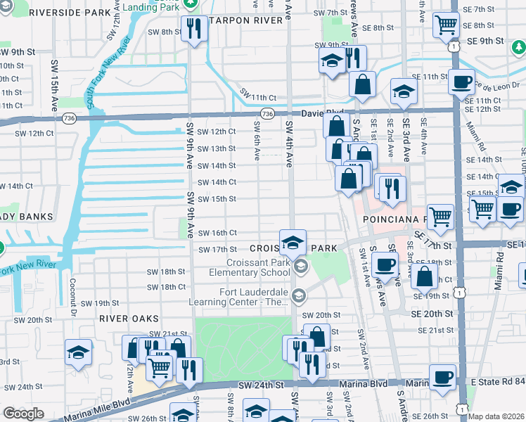 map of restaurants, bars, coffee shops, grocery stores, and more near 612 Southwest 16th Street in Fort Lauderdale